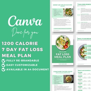 Fat Loss Meal Plan (7-Day, 1200 Calories): Editable Canva Template for Nutritionists & Health Coaches