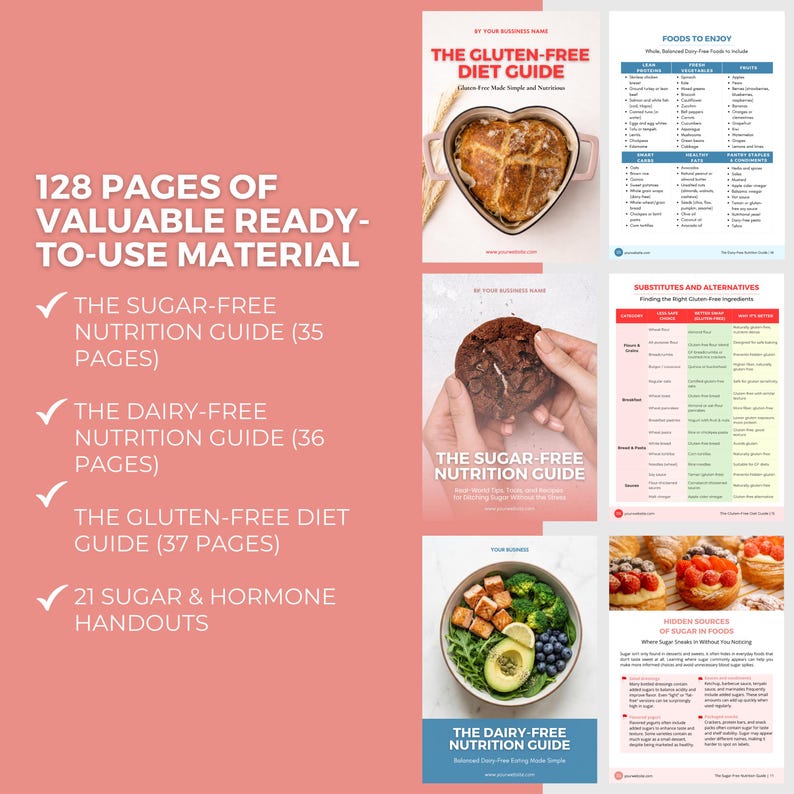 May include: A pink graphic with text and images promoting gluten-free, sugar-free, and dairy-free nutrition guides. The guides include 128 pages of valuable material, including handouts and recipes. The image features a heart-shaped dish and a bowl of food.