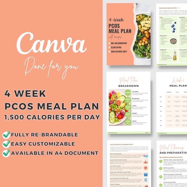 Modèle de plan de repas SOPK de 4 semaines modifiable Canva | Plan de repas de 1 500 calories par jour | | Recettes anti-inflammatoires | Manger propre | La nourriture saine