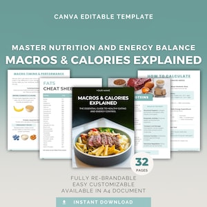 Przewodnik po makroskładnikach i kaloriach | Edytowalny szablon Canva | Narzędzie dla trenerów zdrowia | PLR, natychmiastowe pobranie