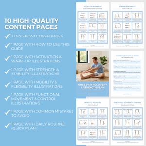 Puede incluir: Una gu&iacute;a titulada "Knee Pain Recovery & Strength Plan" con ilustraciones de ejercicios. La gu&iacute;a incluye p&aacute;ginas sobre activaci&oacute;n, calentamiento, fuerza, estabilidad, movilidad, flexibilidad, movimiento funcional y errores comunes. El texto dice "10 p&aacute;ginas de contenido de alta calidad".