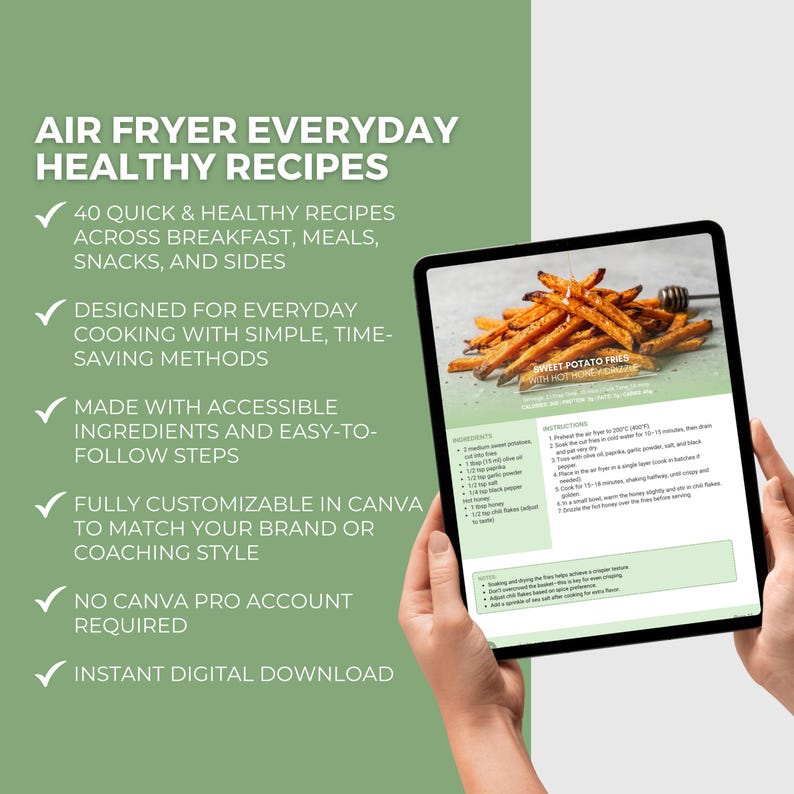 May include: A digital recipe book displayed on a tablet, featuring air fryer recipes. The cover text reads "Air Fryer Everyday Healthy Recipes." The image shows sweet potato fries. The book promises quick, healthy recipes for various meals, snacks, and sides.