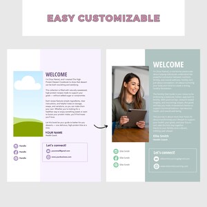 K&ouml;nnte beinhalten: Eine anpassbare Kochbuchvorlage in Helllila und Gr&uuml;n. Der Text "EASY CUSTOMIZABLE" steht oben. Die Vorlage enth&auml;lt Abschnitte f&uuml;r eine Willkommensnachricht, Kontaktinformationen und ein Foto einer Frau, die ein Tablet h&auml;lt.