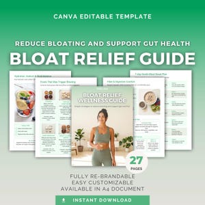 May include: A 27-page digital wellness guide template titled Bloat Relief Guide, featuring sections on hydration, food triggers, and fiber. The document includes instructional text, checklists, and imagery of healthy foods and a person in activewear.