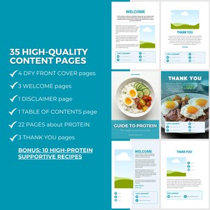 May include: A digital guide titled "Guide to Protein" with a teal background. The guide includes pages with text, images of food, and the text "35 HIGH-QUALITY CONTENT PAGES" and "BONUS: 10 HIGH-PROTEIN SUPPORTIVE RECIPES".
