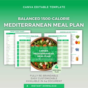 Mediterran Plan 4 Wochen Canva Template 1500 Calorie Gesundheitscoach PLR