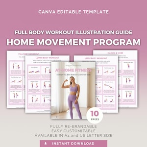 Home Workout Plan Editable Canva Template | Exercise Illustration Guide, Health Coach PLR Fitness Resource