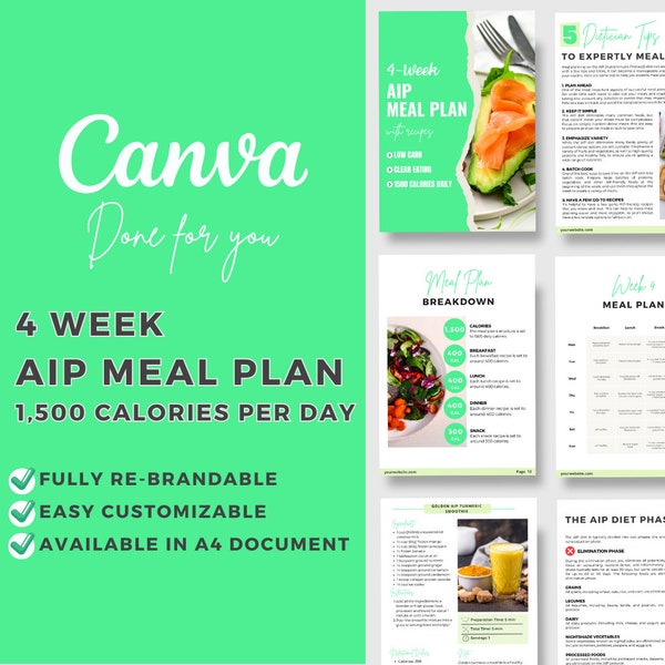 Editable 4-Week AIP Meal Plan Template | Paleo Autoimmune Recipes | 1,500 Calorie per Day Meal Plan | Canva | Healthy | Health Coaches