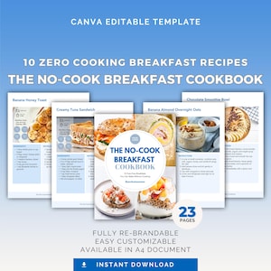 No-Cook Breakfast Cookbook Canva EditableTemplate, 10 Healthy Quick Breakfast Recipes for Health Coaches & Nutritionists