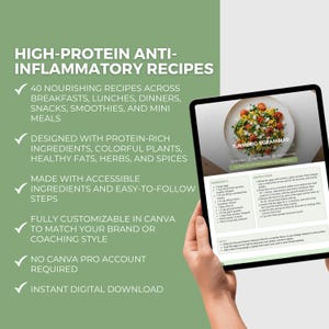 May include: A digital tablet displaying a recipe for turmeric scrambled eggs with spinach, featuring a list of ingredients and instructions. The background text highlights high-protein anti-inflammatory recipes, including 40 nourishing meal options, customizable in Canva, and available as an instant digital download.