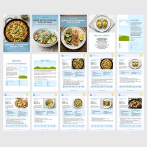 May include: A collection of pages from an "Easy Keto Cooking Collection" cookbook. The pages feature recipes with images of the finished dishes, including pizza, salads, and baked eggs. The cover of the cookbook is light blue with the title in white.