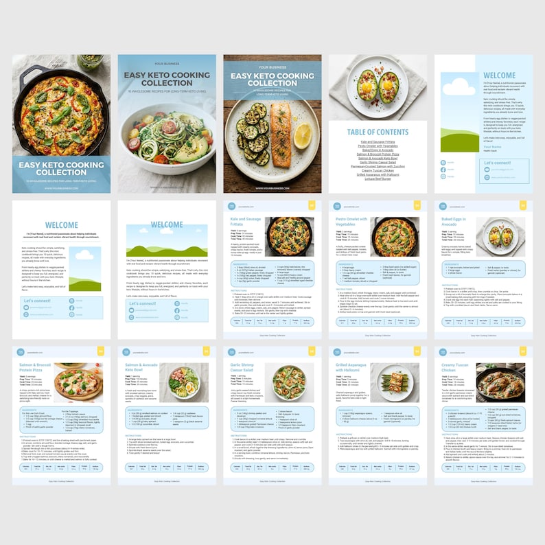 May include: A collection of pages from an "Easy Keto Cooking Collection" cookbook. The pages feature recipes with images of the finished dishes, including pizza, salads, and baked eggs. The cover of the cookbook is light blue with the title in white.