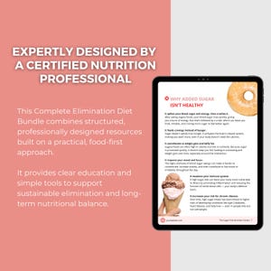 May include: A digital tablet displays a nutrition guide titled "Why Added Sugar Isn't Healthy" with text and graphics. The screen shows a donut and an ice cream cone. The text on the left side of the image reads "Expertly Designed by a Certified Nutrition Professional."
