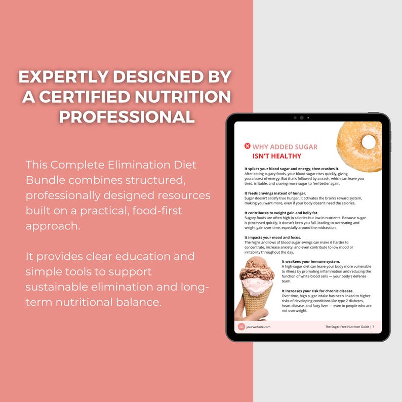 May include: A digital tablet displays a nutrition guide titled "Why Added Sugar Isn't Healthy" with text and graphics. The screen shows a donut and an ice cream cone. The text on the left side of the image reads "Expertly Designed by a Certified Nutrition Professional."