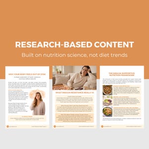 May include: An image with the text "RESEARCH-BASED CONTENT" and "Built on nutrition science, not diet trends." The image includes three informational pages with text and images about insulin resistance and nutrition.