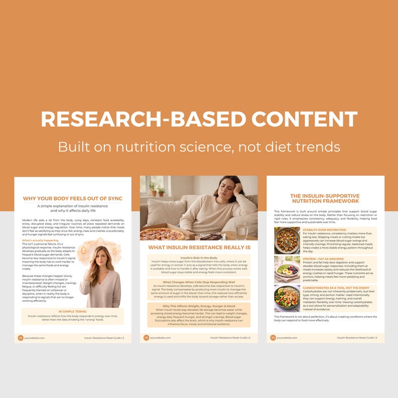 May include: An image with the text "RESEARCH-BASED CONTENT" and "Built on nutrition science, not diet trends." The image includes three informational pages with text and images about insulin resistance and nutrition.