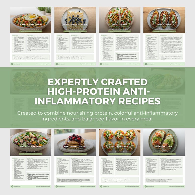 May include: A digital recipe collection titled Expertly Crafted High-Protein Anti-Inflammatory Recipes, featuring eight distinct meal cards. Each card displays a food photograph, ingredient list, and instructions for dishes like turkey, salmon, and egg muffins.
