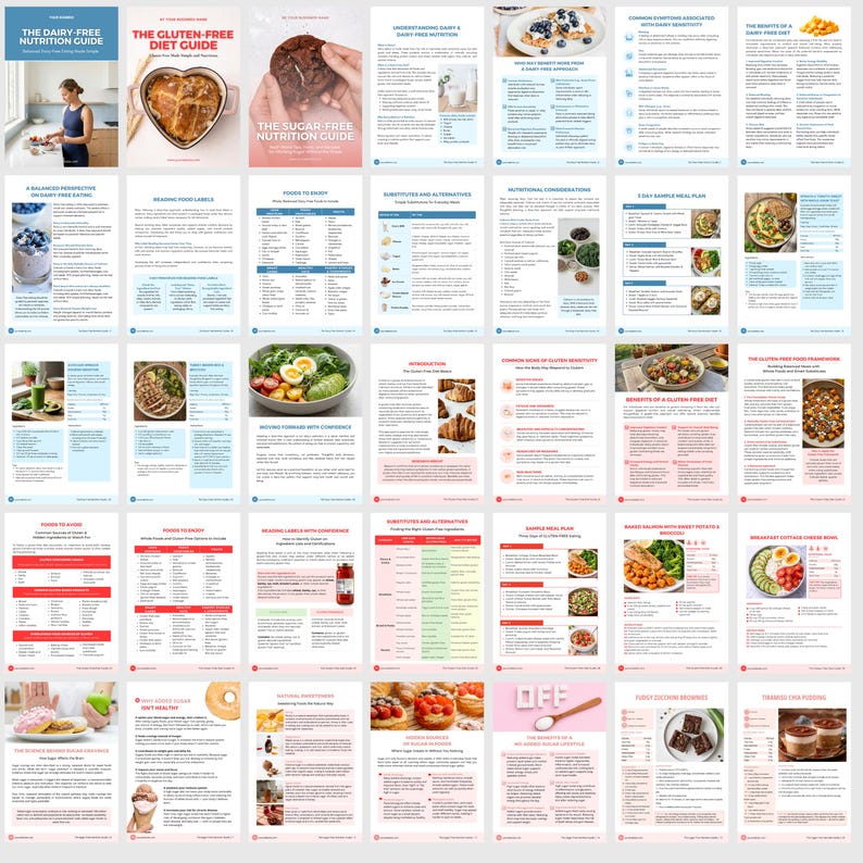 May include: A collection of pages from a nutrition guide. The titles include "The Dairy-Free Nutrition Guide", "The Gluten-Free Diet Guide", and "The Sugar-Free Nutrition Guide". The word "OFF" is visible on one page.