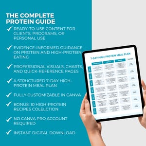 May include: A digital tablet displays a 7-day high-protein meal plan. The tablet is held by a person. The screen shows a meal plan with breakfast, lunch, and dinner options. The text on the screen includes the words "The Complete Protein Guide".