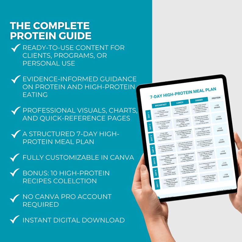 May include: A digital tablet displays a 7-day high-protein meal plan. The tablet is held by a person. The screen shows a meal plan with breakfast, lunch, and dinner options. The text on the screen includes the words "The Complete Protein Guide".