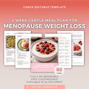 Puede incluir: Una plantilla digital para un plan de comidas suave de 4 semanas para la pérdida de peso en la menopausia. El diseño presenta una combinación de colores rosa y blanco con imágenes de comidas saludables, incluido un tazón de avena con bayas. La plantilla es totalmente personalizable.