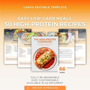 50 High-Protein Cookbook Editable Canva Template, Healthy Recipes, Low-Carb, Weight Loss, Nutrition Ebook, Diet Guide, Health Coach, DFY