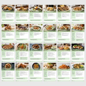 May include: A collection of 28 images showcasing various food dishes, each presented on a plate or serving dish. The dishes include a variety of cuisines, with ingredients such as eggs, vegetables, and meats. Each image is accompanied by text.