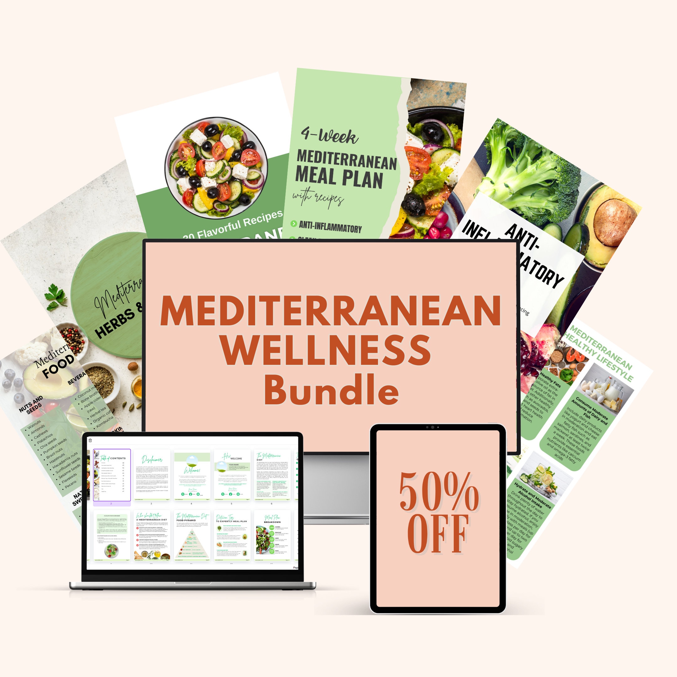 Mediterranean Nutrition Bundle: Editable Canva Template for Nutritionists & Health Coaches (Meal Plan and Cookbook)