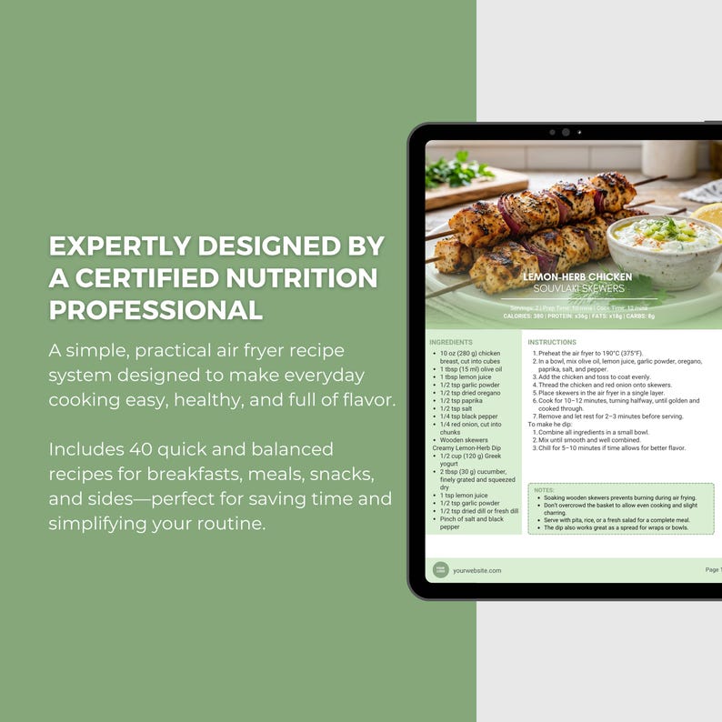 May include: A digital tablet displays a recipe for Lemon-Herb Chicken Souvlaki Skewers. The recipe includes ingredients and instructions for air frying. The text on the screen is in English. The tablet is on a green background.