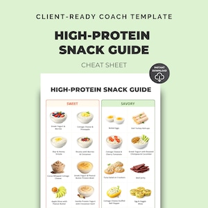 May include: A high-protein snack guide cheat sheet with a light green background. The guide is divided into sweet and savory sections, showcasing various snack options like Greek yogurt with berries, cottage cheese, and deli turkey roll-ups. The text "Instant Download" is also visible.