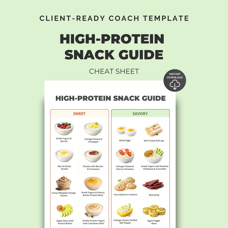 May include: A high-protein snack guide cheat sheet with a light green background. The guide is divided into sweet and savory sections, showcasing various snack options like Greek yogurt with berries, cottage cheese, and deli turkey roll-ups. The text "Instant Download" is also visible.