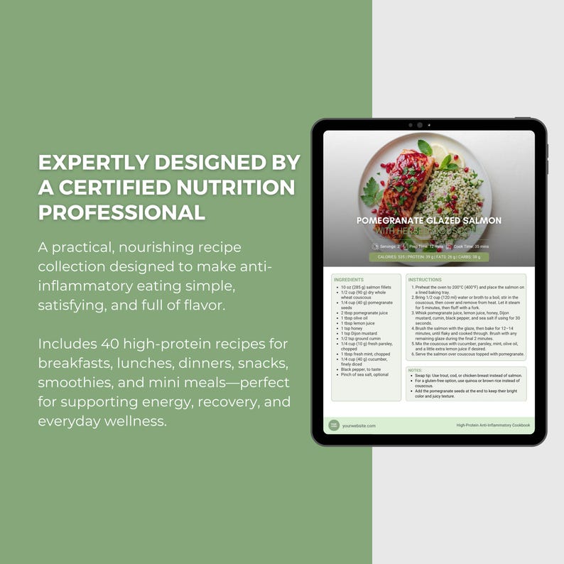 May include: A digital tablet displays a recipe page for Pomegranate Glazed Salmon with herb couscous. The screen shows a photo of the dish, ingredient lists, and cooking instructions. The background is sage green with white text describing a cookbook.