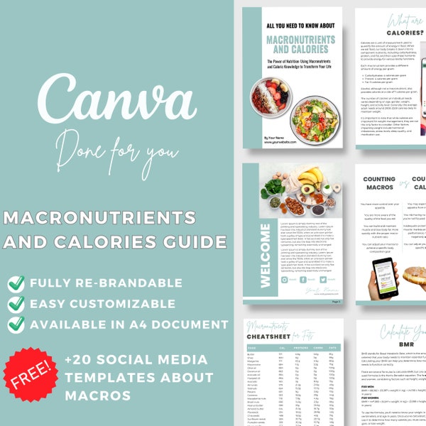 Modèle Canva de macronutriments et de calories modifiable | Contenu bonus sur les réseaux sociaux | Alimentation | Régime alimentaire | Coaching santé | Tout ce que vous devez savoir