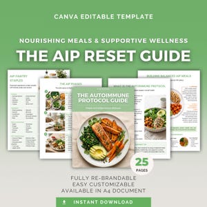 May include: A digital template titled "The AIP Reset Guide" with the text "Nourishing Meals & Supportive Wellness." The guide features images of meals and pantry staples. The cover of the guide says "The Autoimmune Protocol Guide."