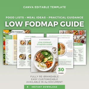 Puede incluir: Una plantilla digital de guía Low FODMAP que incluye 30 páginas con listas de alimentos, ideas de comidas y orientación práctica. El documento contiene texto como Low FODMAP Starter Guide y es totalmente personalizable en formato A4.