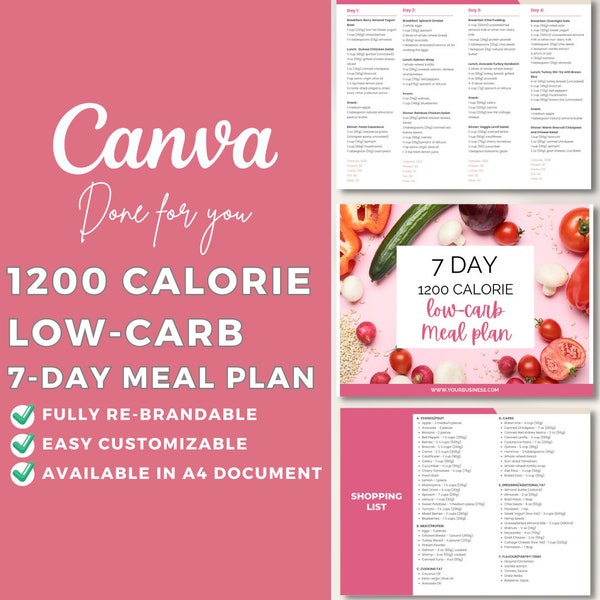 Modèle modifiable de plan de repas Canva 1200 calories à faible teneur en glucides | Conseils santé | Répartition des macros | Perte de poids | Liste d'épicerie | Alimentation | Régime alimentaire