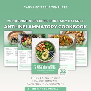 Recetario para combatir la inflamación / Plantilla editable de Canva, recetas antiinflamatorias, PLR para coaches de salud