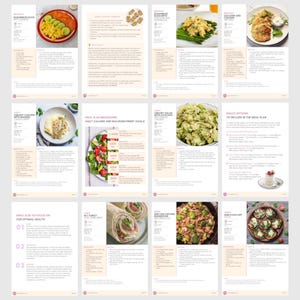 K&ouml;nnte beinhalten: Eine Sammlung von Seiten aus einem Ern&auml;hrungsplan mit Rezepten und N&auml;hrwertangaben. Zu den Gerichten geh&ouml;ren R&uuml;hrei, Salate, Wraps und Mini-Auberginen-Pizzas. Die Seiten enthalten auch t&auml;gliche Kalorien- und Makron&auml;hrstoffziele und Snack-Optionen.