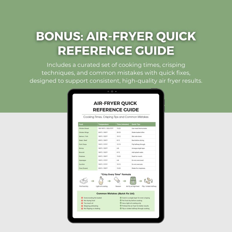 May include: A black tablet displays an "Air-Fryer Quick Reference Guide" with cooking times, tips, and common mistakes. The guide includes a curated set of cooking times, crisping techniques, and quick fixes for high-quality air fryer results. The background is a muted green.