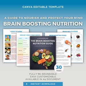 Brain Boosting Diet Guide: Editable Canva Template, Nutrition Health Coach PLR, Healthy Recipes