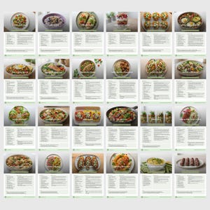 May include: A digital collection of twenty-four recipe cards arranged in a grid, each featuring a high-quality photograph of a prepared meal, a title, a list of ingredients, and step-by-step cooking instructions printed on a white background.
