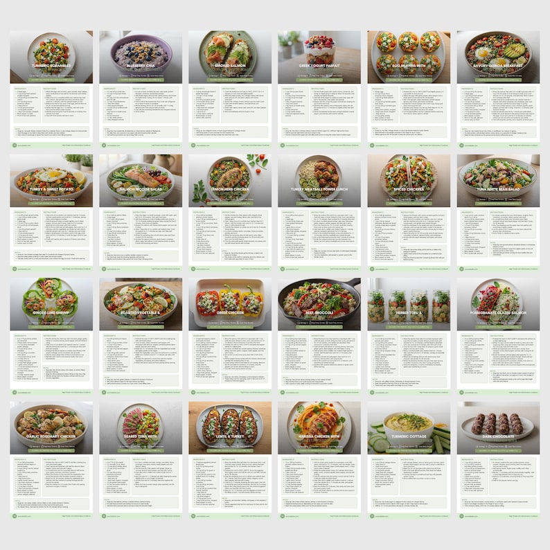 May include: A digital collection of twenty-four recipe cards arranged in a grid, each featuring a high-quality photograph of a prepared meal, a title, a list of ingredients, and step-by-step cooking instructions printed on a white background.