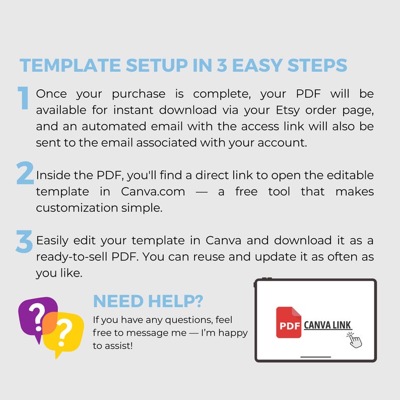 Puede incluir: Gr&aacute;fico instructivo para la configuraci&oacute;n de plantillas en tres pasos. Explica c&oacute;mo descargar un PDF, acceder a un enlace de Canva y editar la plantilla. La imagen presenta una tableta con un enlace PDF de Canva y bocadillos de di&aacute;logo con signos de interrogaci&oacute;n.