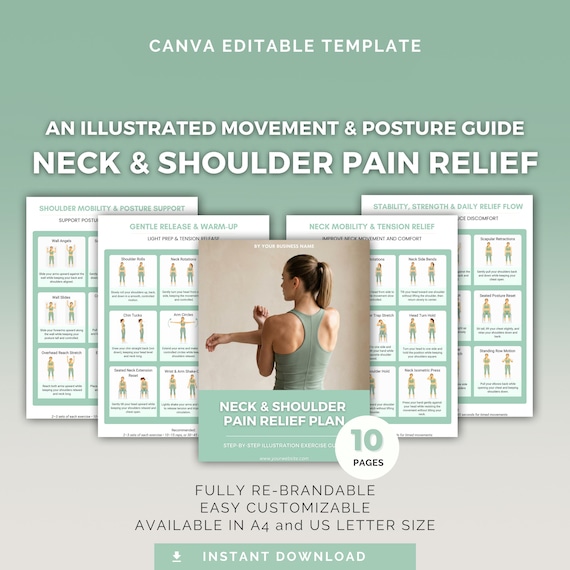 Neck and Shoulder Pain Relief Plan | Editable Canva Template, Exercise Illustration Guide, Health Coach