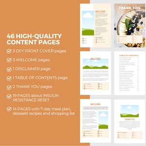 May include: A digital product overview with the text "46 HIGH-QUALITY CONTENT PAGES." The pages include "WELCOME," "THANK YOU," and "TABLE OF CONTENTS" sections. The product also features a 7-day meal plan and recipes.