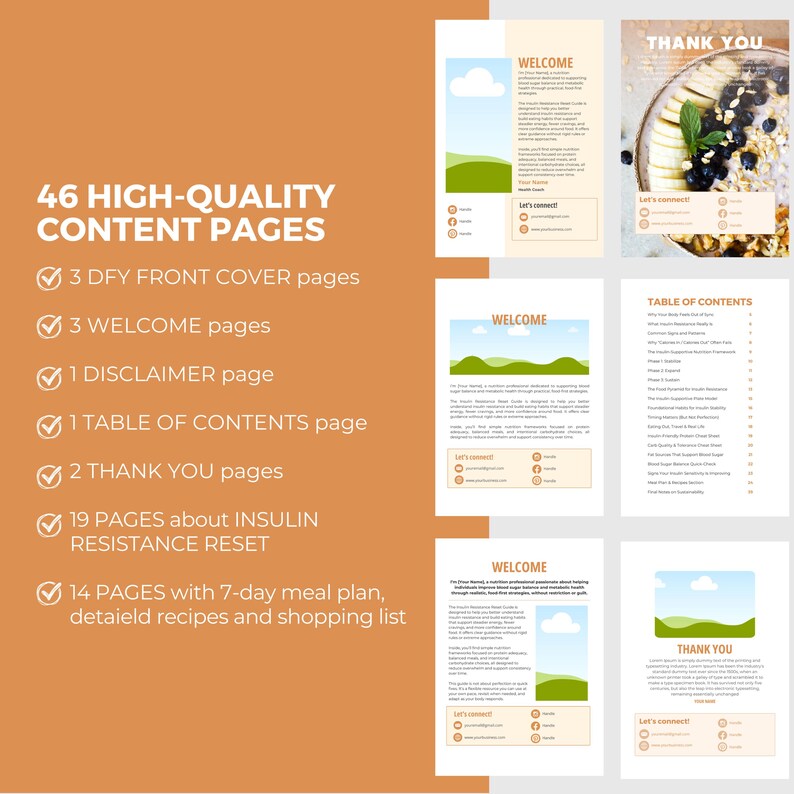 May include: A digital product overview with the text "46 HIGH-QUALITY CONTENT PAGES." The pages include "WELCOME," "THANK YOU," and "TABLE OF CONTENTS" sections. The product also features a 7-day meal plan and recipes.
