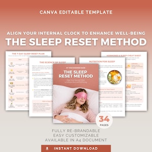 Schlaf-Reset-Anleitung: Bearbeitbare Canva-Vorlage, 7-Tage-Reset-Plan, Hormonhaushalt, Gesundheitscoach PLR