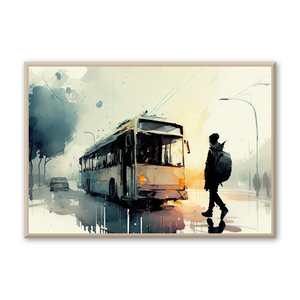 Urban Wall Art - Watercolor Painting of Bus Waiting for Passenger. Cityscape fine Art. Contemporary Urban Home Decor. Street Art Freestyle
