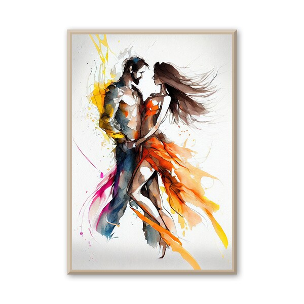 Peinture de danse à l'aquarelle de couple de tango. Art mural de salle de musique, danse romantique classique, facile à télécharger et à imprimer pour que vous puissiez commencer