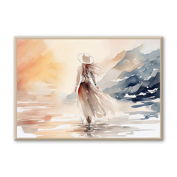 Watercolor walking  lady freestyle painting. Woman art for Bed Room, Living Room wall art. A feminine flair to your wall.